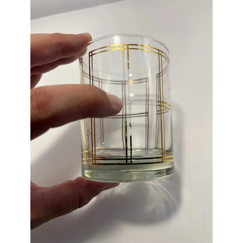 2 Vintage MCM Double Old Fashion Glasses Tumblers with Gold Accents‎ Bourbon